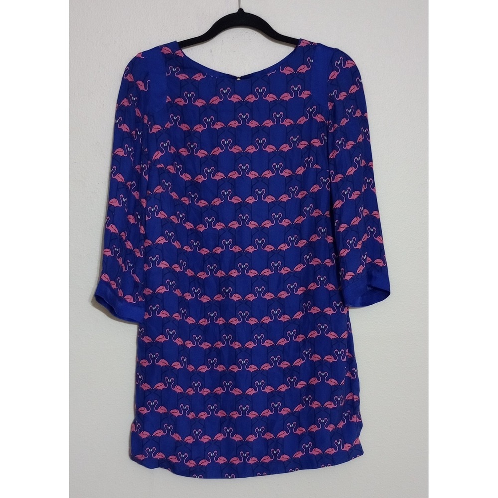 Anthropologie Harlyn Blue Pink Flamingo Print Shift Dress 3/4 Sleeve Small